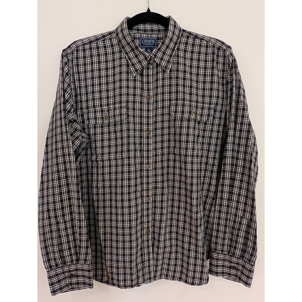 Chaps Classics Mens XL Black White Plaid Long Sleeve Button Down Cotton Shirt